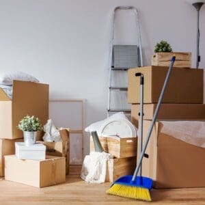 Moving boxes and cleaning tools