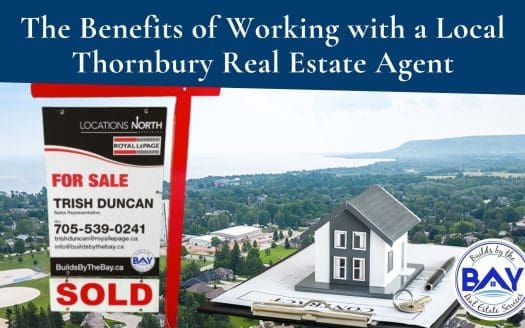 Title: The Benefits of Working with a Local Thornbury Real Estate Agent image of For Sale Sign and Trish Duncan, Thornbury Local Real Estate Agent's information and SOLD on sign. Aerial Image of Thornbury in the background with a house and contract in foreground.