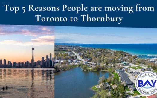 Top 5 Reasons People are moving from Toronto to Thornbury. With scenic cityscape of Toronto and then Thornbury beside it with the Georgian bay and Mill Pond.